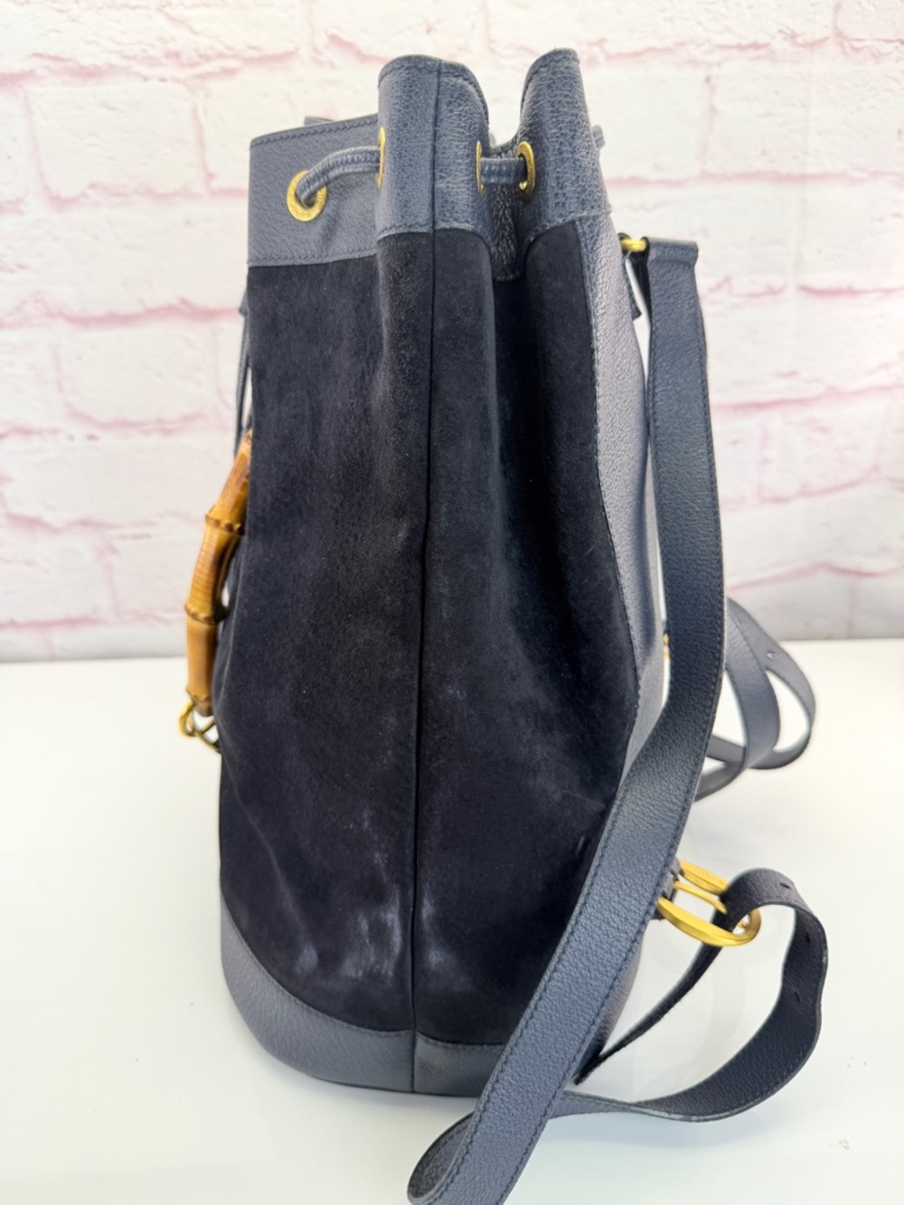 Gucci Navy Suede Bamboo Vintage Drawstring Backpack - Picture 5 of 15